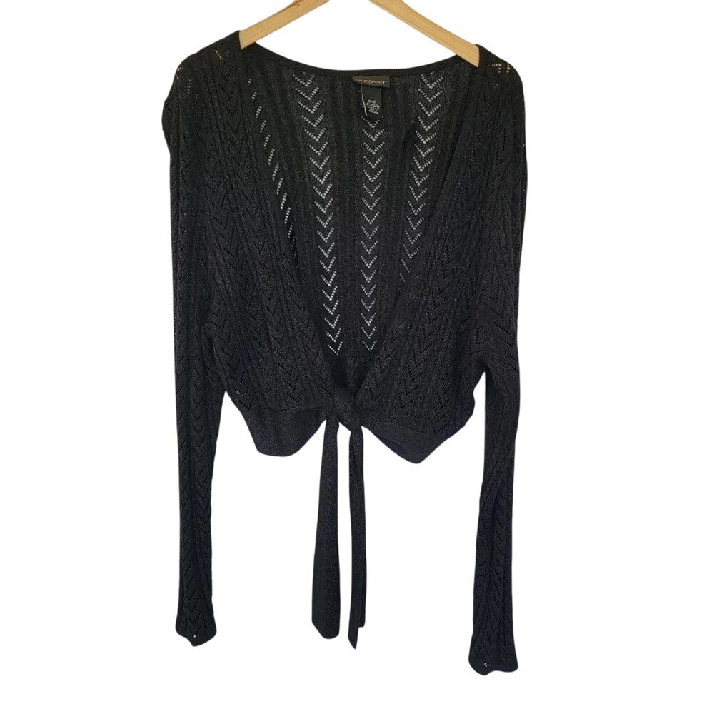 Lane Bryant Cropped Knit Cardigan Black Metallic Thread Womens 18/20 Tie Front